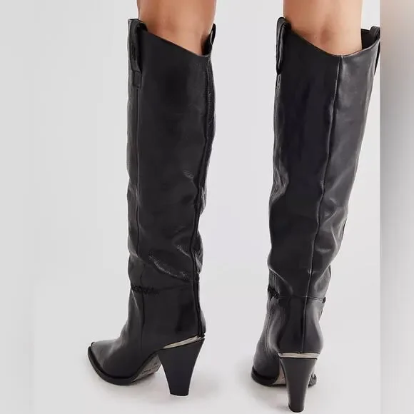 Free People Black Leather Knee High Stevie Boots Heeled Pointed‎ Toe Western 39 - Picture 4 of 9